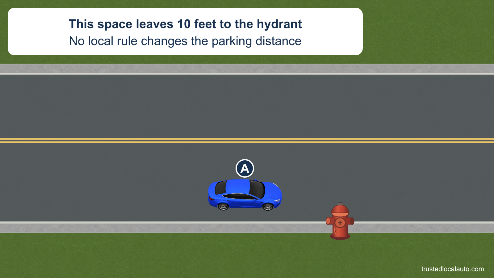Blue A considers a curb space that leaves 10 feet to a fire hydrant. The hydrant and car are the distance reference points.