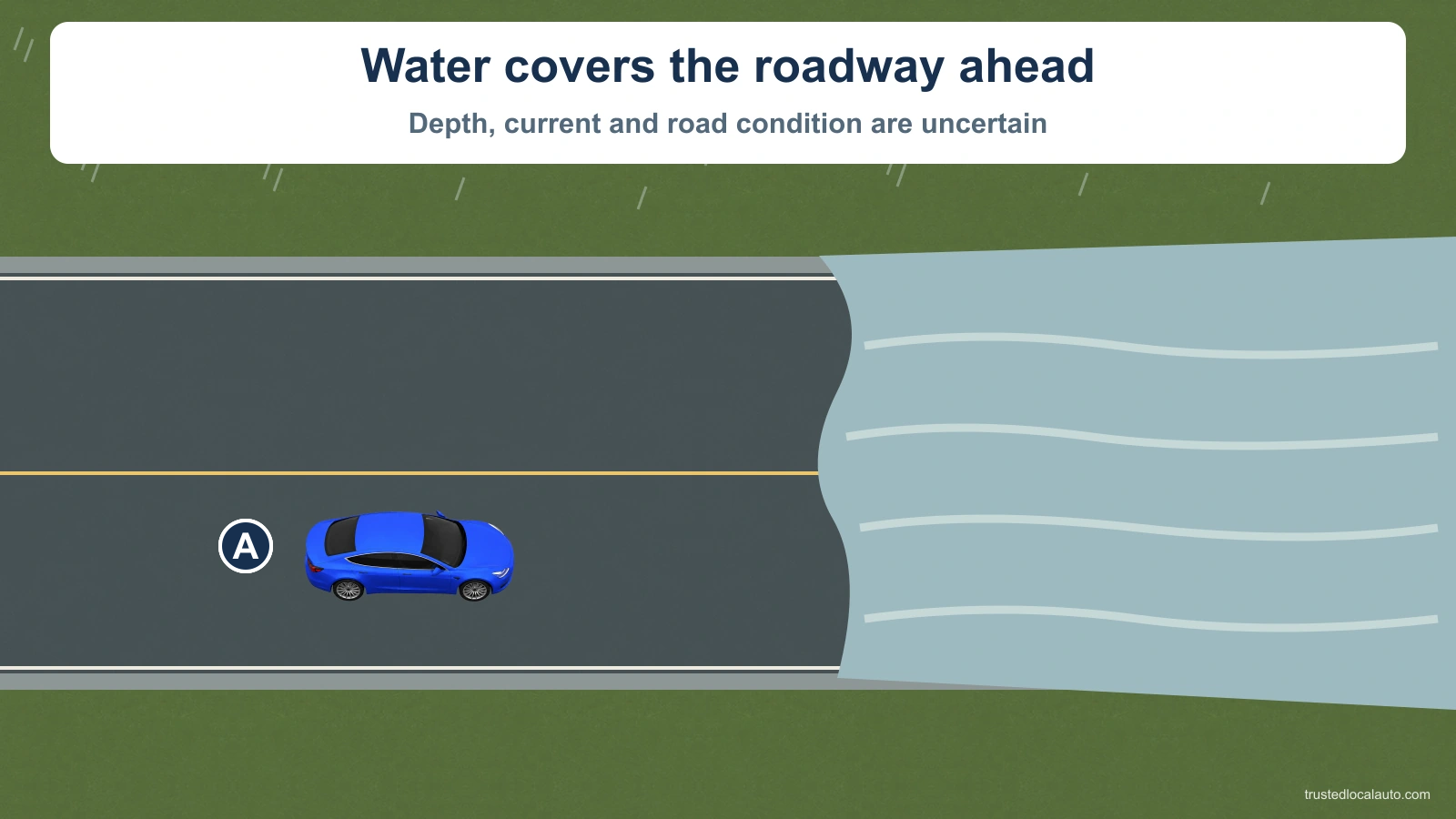Blue car A is before water covering the roadway ahead. The card states that depth, current and road condition are uncertain. No route is drawn.