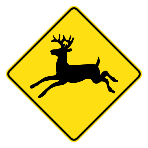 A yellow diamond showing a black deer in a leaping pose.