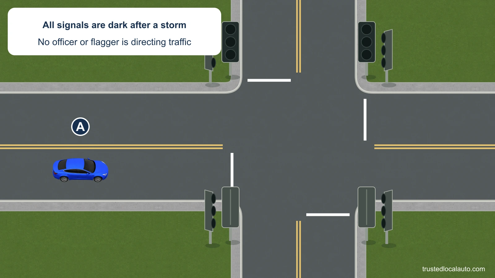 A approaches an intersection with all traffic-signal lenses dark and no officer or flagger present.