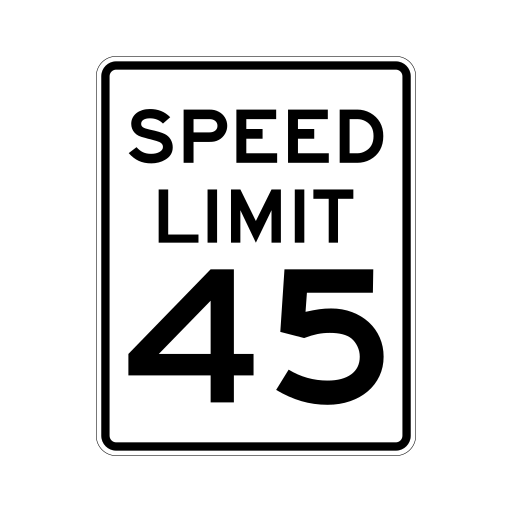 White rectangular SPEED LIMIT sign displaying the black number 45.
