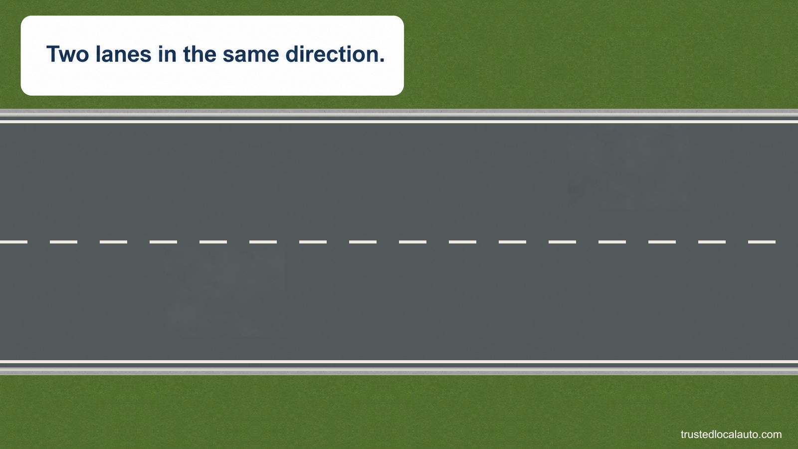 Two highway lanes run in the same direction, separated by a broken white line. No car, route or preferred lane is marked.