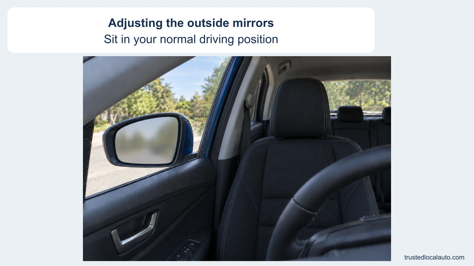 An empty driver’s seat and left outside mirror are shown. The mirror reflection is indistinct, and the card asks about adjusting outside mirrors from the normal driving position.