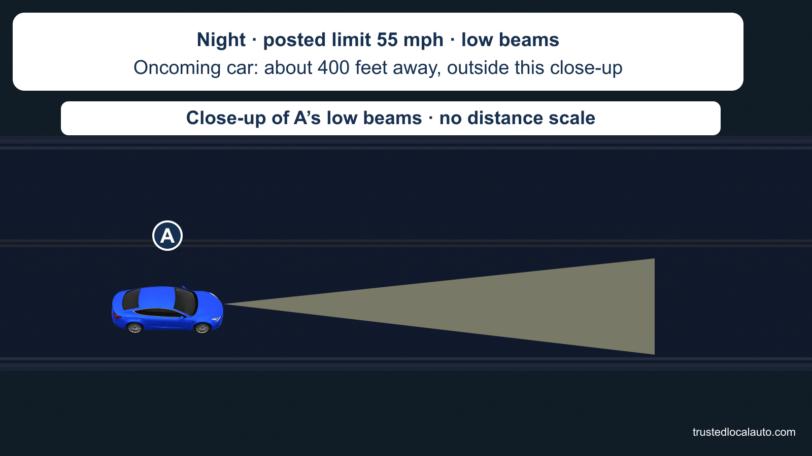 A drives east on an unlit rural road at night with low beams. The caption states the posted 55 mph limit and an oncoming car about 400 feet away outside the explicitly labeled close-up. No speed choice or stopping bracket is shown.