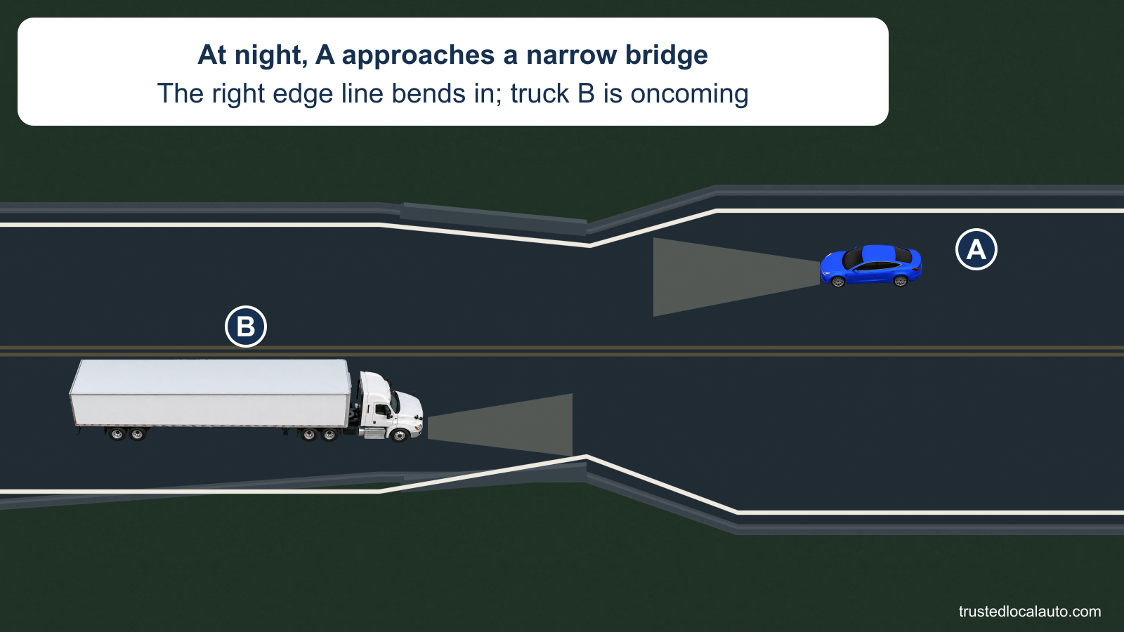 At night, westbound A approaches a short bridge as the white line on its right bends inward toward the yellow center lines. A large truck B comes from the opposite direction in the other lane.