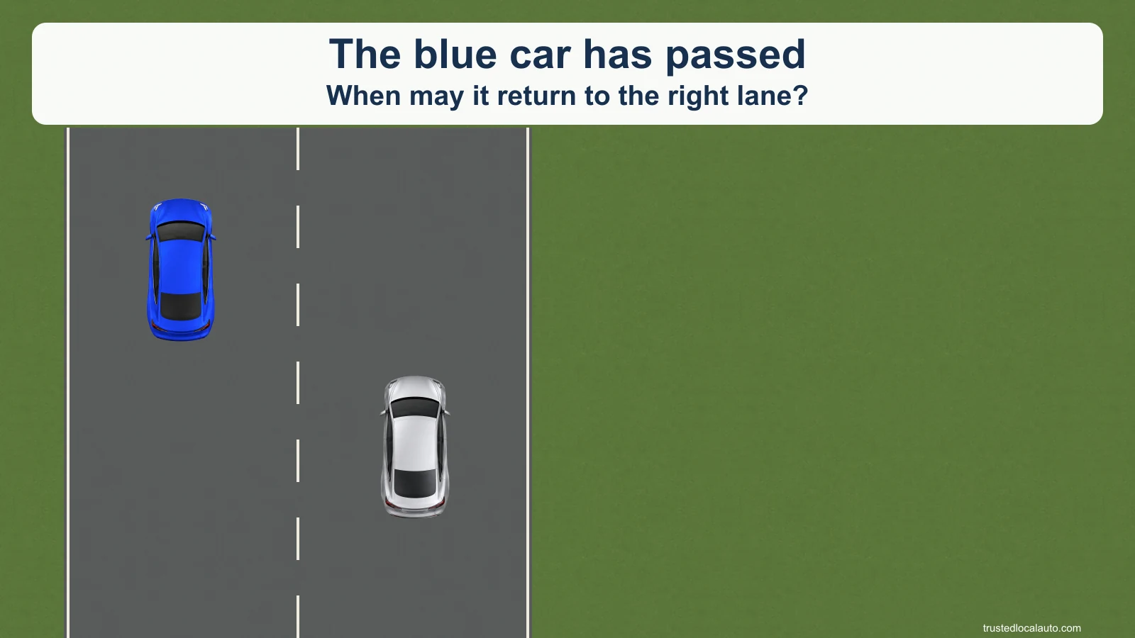 A blue car is ahead in the left lane while a silver car follows in the right lane.