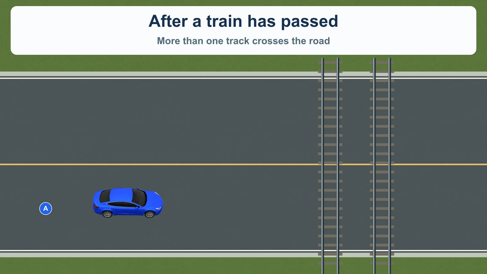 Blue car A is before a two-track railway crossing after a train has passed.