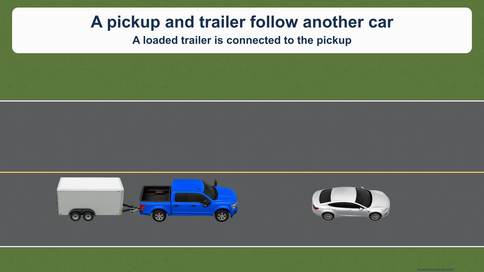 A pickup with a connected loaded trailer follows another car along the road.