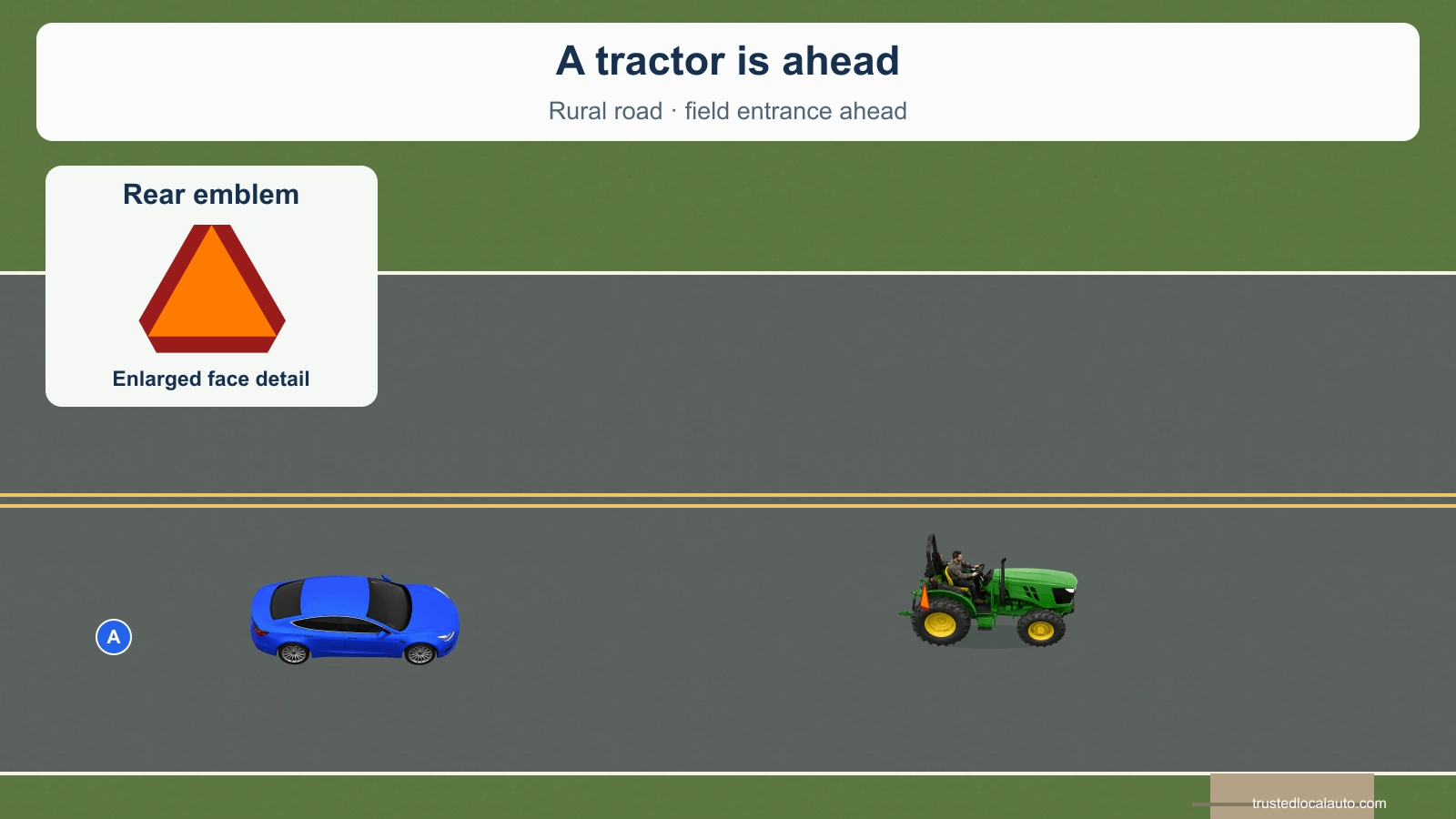 A tractor has an orange triangle with a red border on its rear. An enlarged detail shows the same emblem. Opposing traffic lanes have two solid yellow lines.