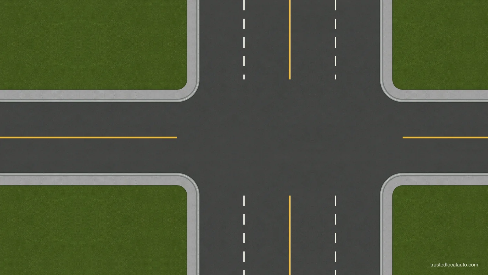 An empty crossroads shows two-way traffic markings, curbs and receiving lanes. No car or turning path selects an approach or destination lane.