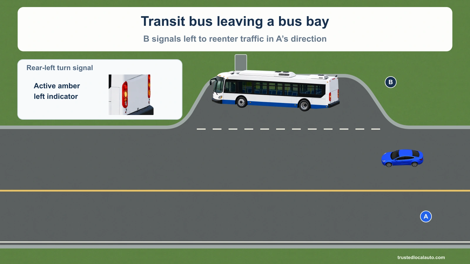 Bus B is in a pullout bay, facing left. Blue car A approaches from behind in the adjacent lane. The inset shows the active amber rear-left turn indicator.