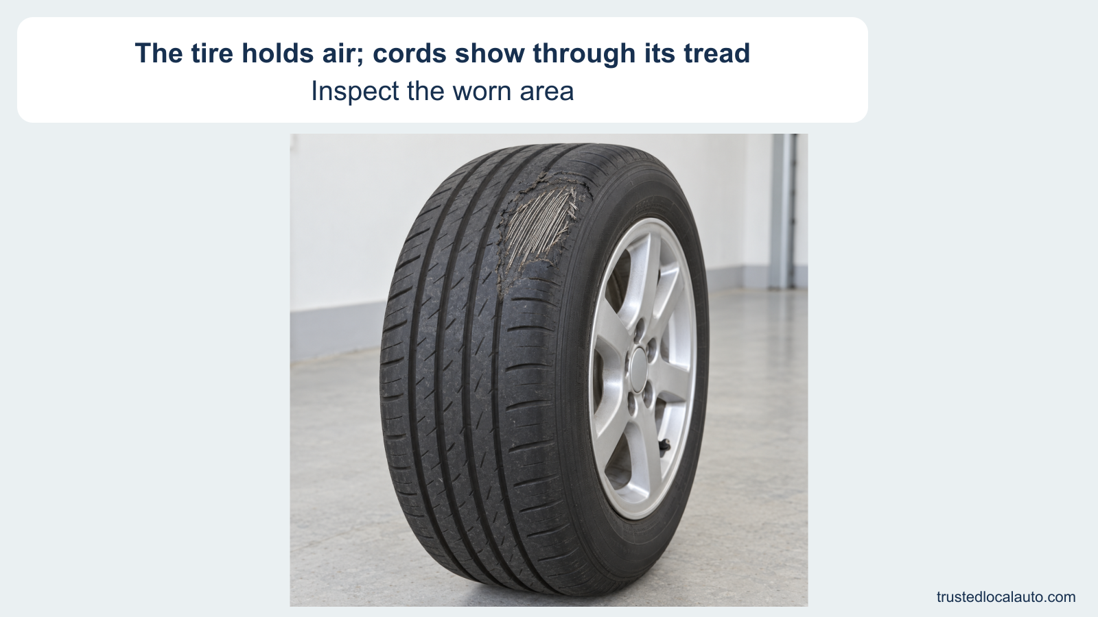 A mounted tire retains its round shape. A worn patch on the tread exposes a group of pale cords beneath the rubber, beside remaining tread grooves.