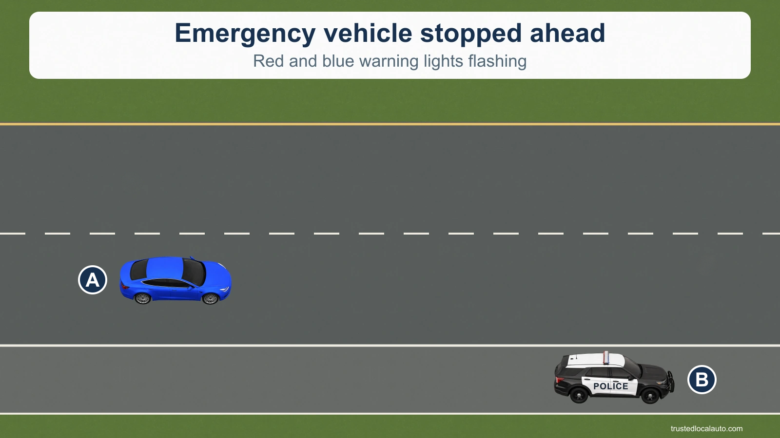 A approaches a police vehicle B stopped beside a two-lane roadway with warning lights flashing.