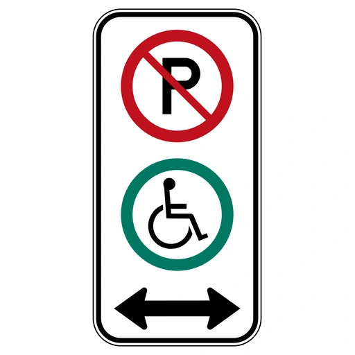 A tall white sign with a crossed-out P, a wheelchair symbol inside a green circle and a two-headed horizontal arrow.