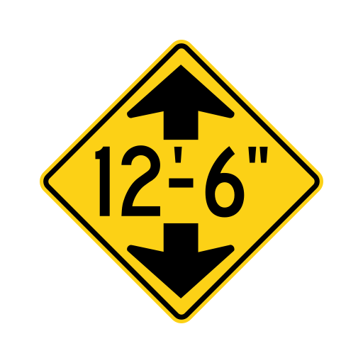 A yellow diamond with a black border, an upward black arrow, a downward black arrow, and the number 12 feet 6 inches between the arrows.