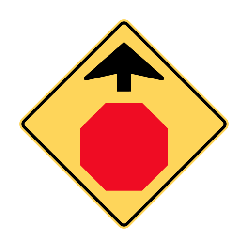 Yellow diamond with a black upward arrow above a red octagon.
