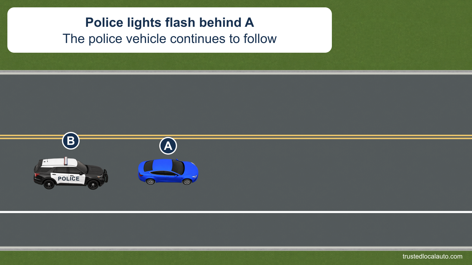 A police vehicle with flashing lights follows A on a two-way road. A clear shoulder lies beyond the right edge line.