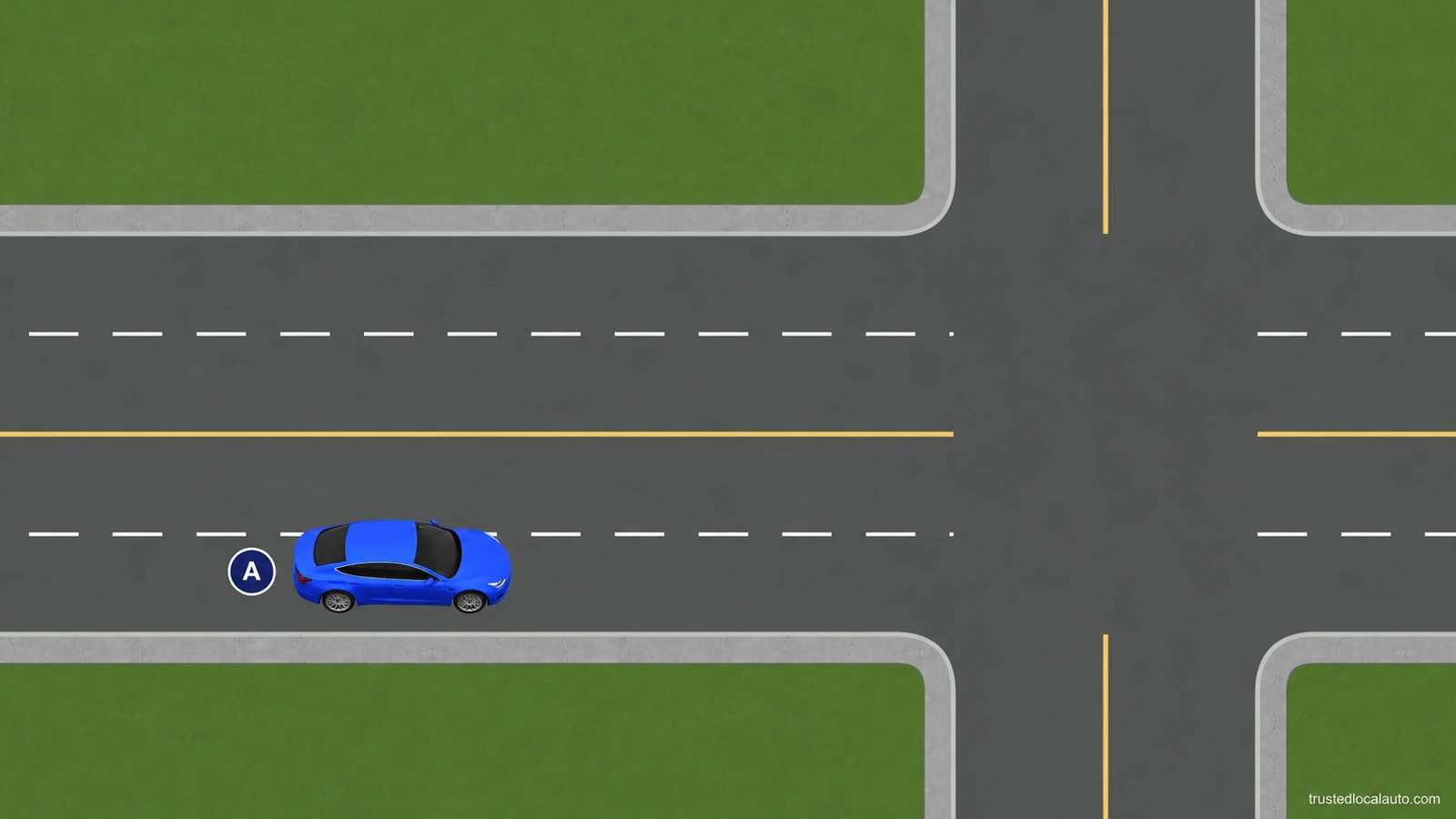 Blue A approaches a junction in the right through lane of a two-way road with more than one lane in its direction.