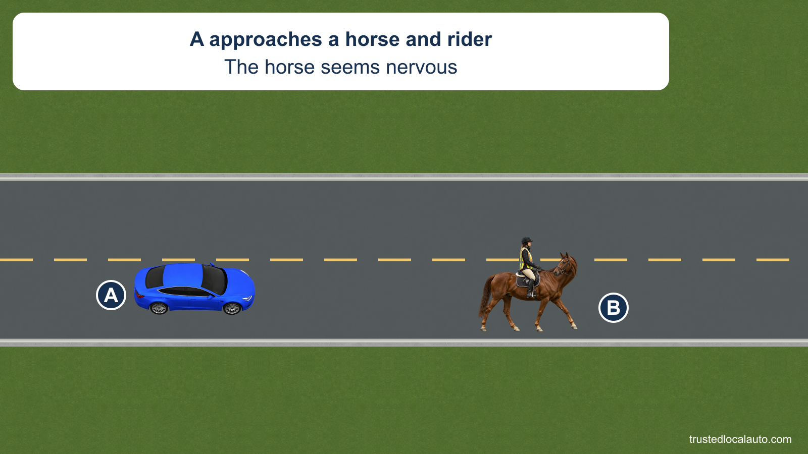A approaches a horse and rider B on a two-lane road. The horse's head is lifted and the card states that it seems nervous.