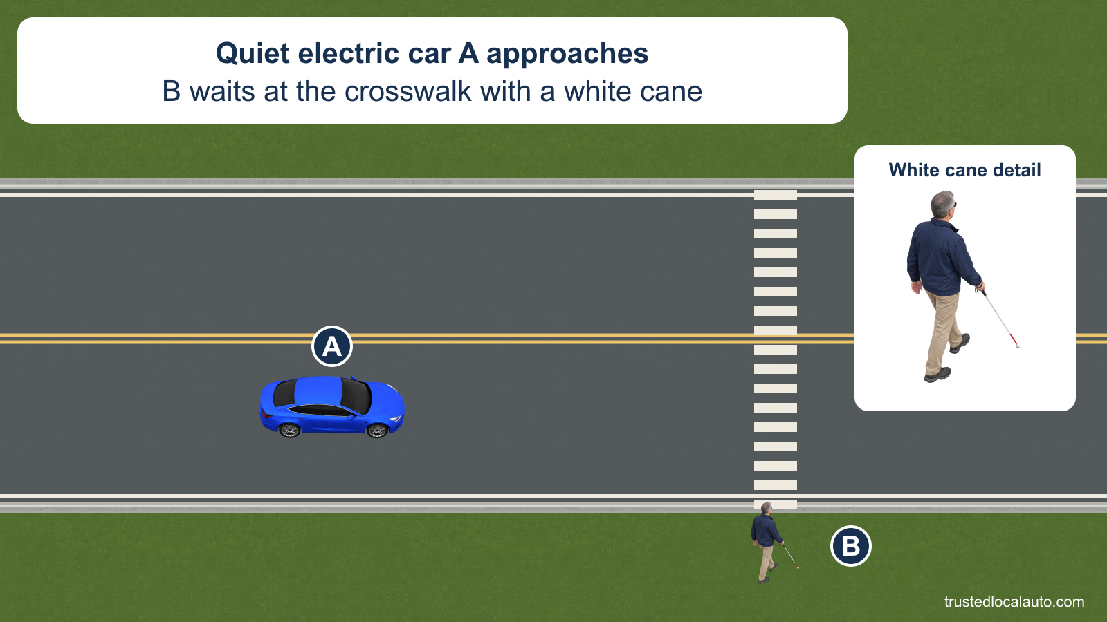 Quiet electric car A approaches a marked crosswalk while B waits at the curb with a white cane. An enlarged detail identifies the cane.