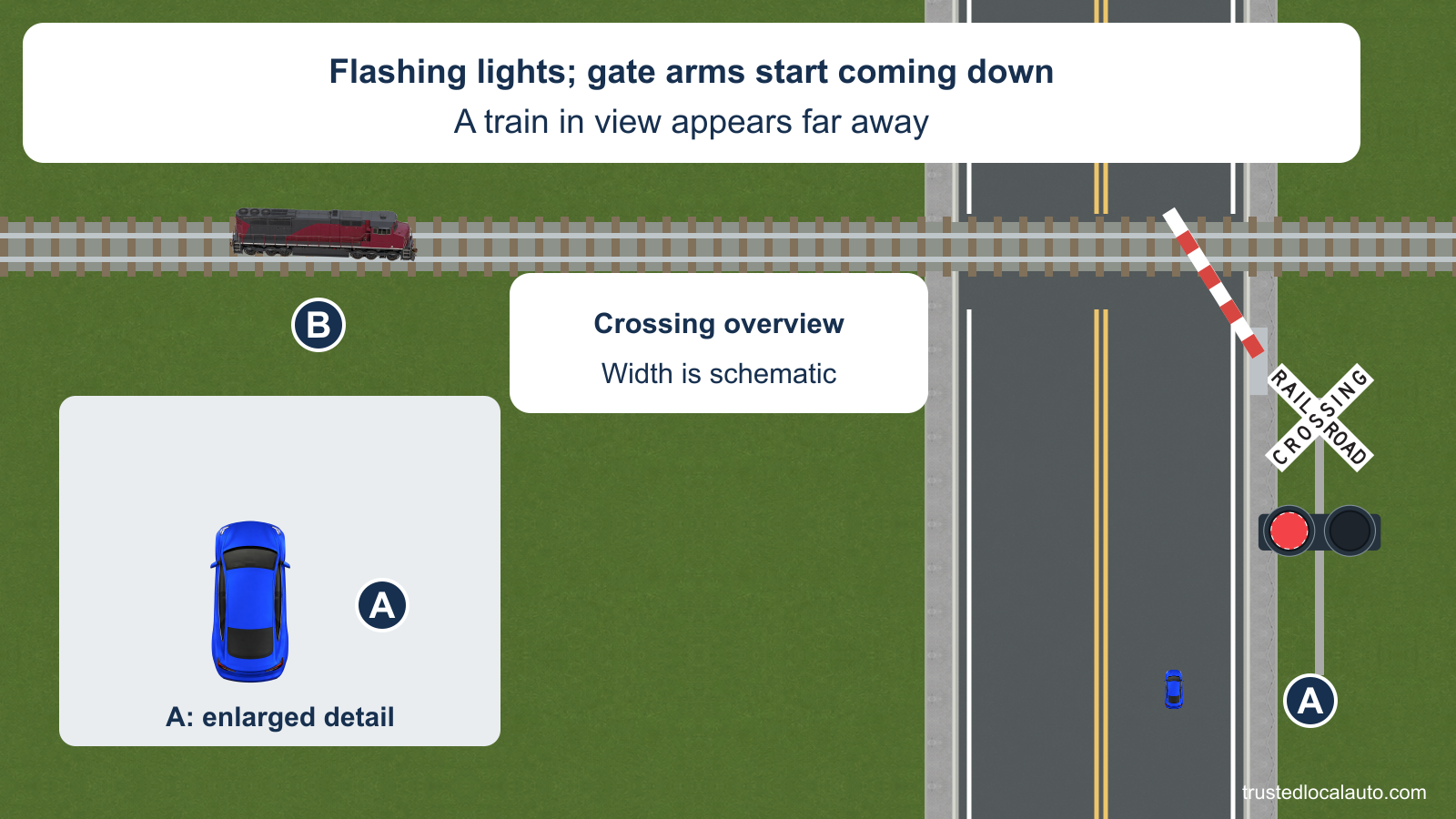 A approaches a crossing with flashing mast lights, a gate beginning to descend and a train in view. A scaled overview and enlarged detail identify the same car.