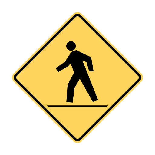 A yellow diamond showing a pedestrian above a horizontal crossing line.