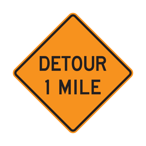 The orange diamond reads DETOUR 1 MILE in black letters.