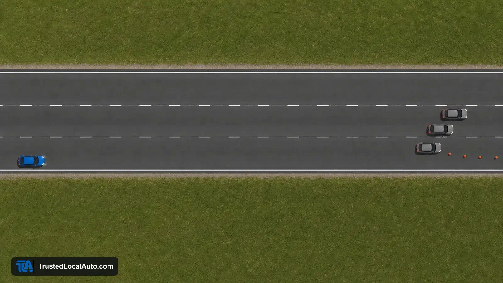 Top-down three-lane eastbound freeway with a blue car at the far left and distant slowing traffic and a small lane hazard far ahead.