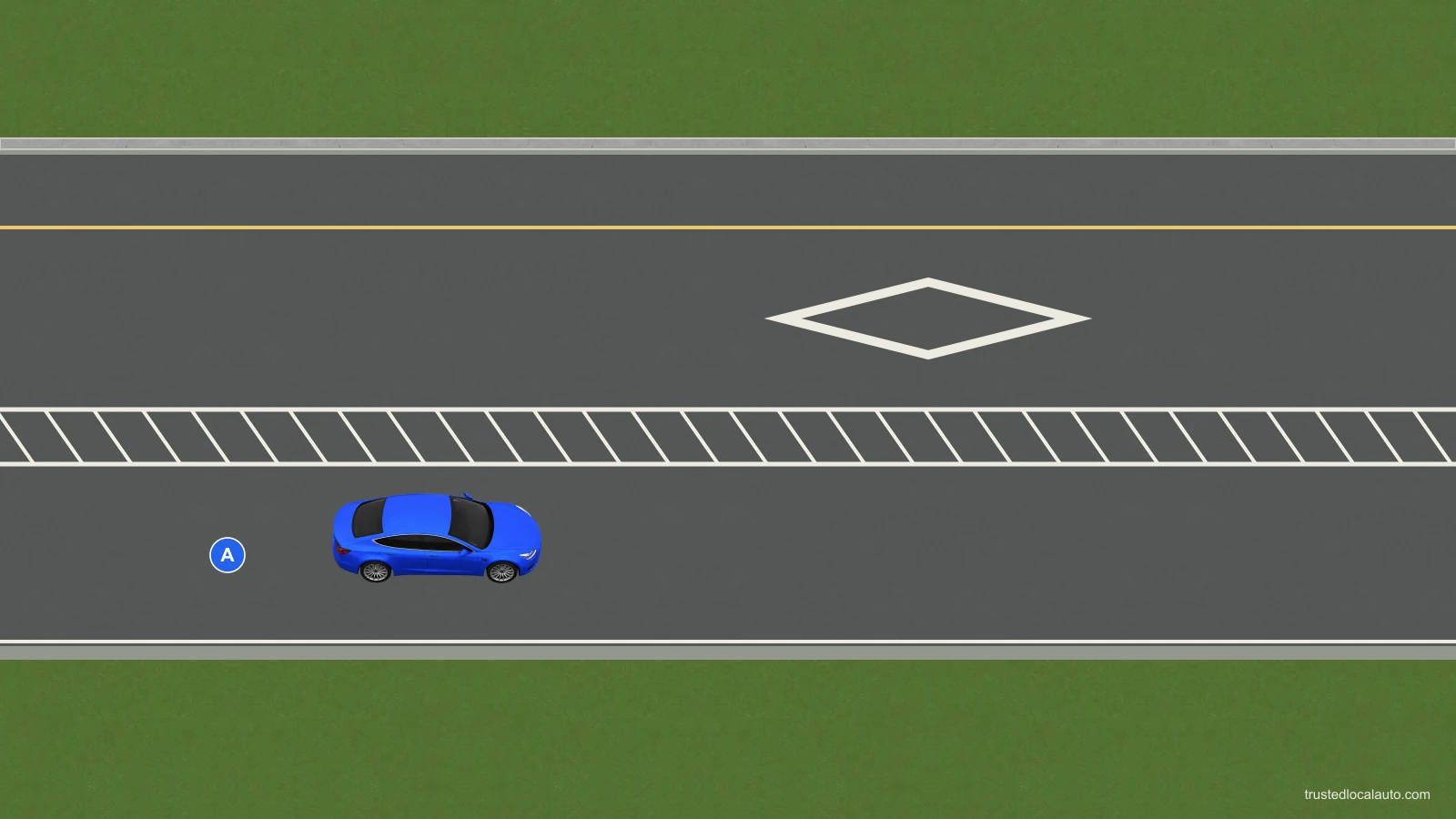 A travels outside a lane marked by a large white diamond; a hatched buffer separates the lanes.