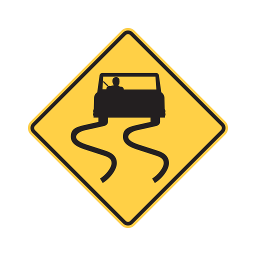 Yellow diamond sign with a black car above two curved tire-track lines.