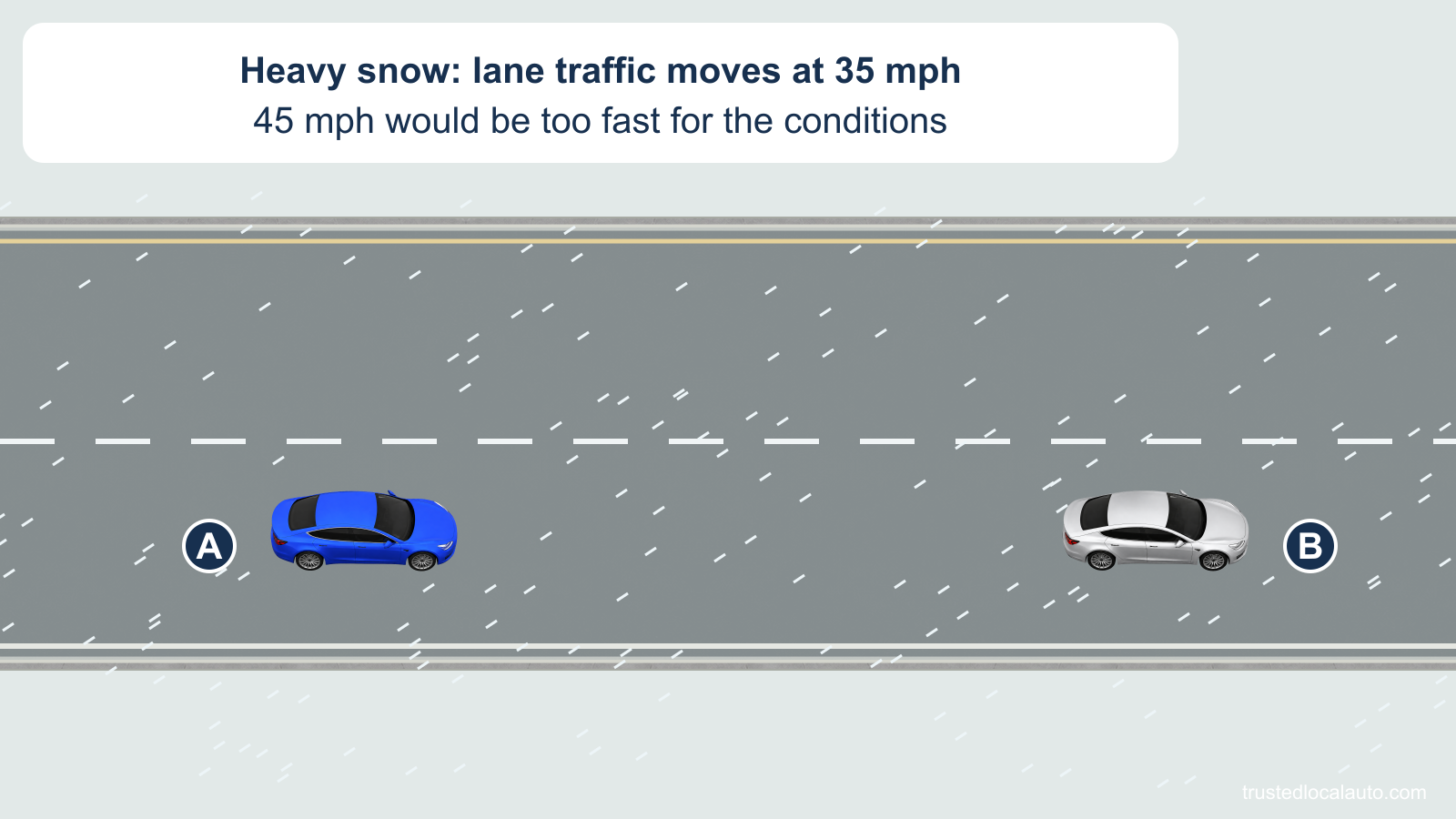 A follows B in the right lane of an interstate during heavy snow. The card states that the lane’s steady 35 mph flow fits the conditions and that 45 mph would be too fast.