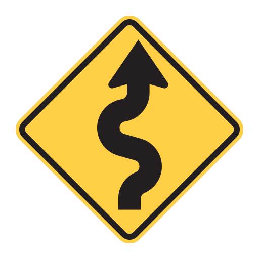 Yellow diamond with a black border and a winding black arrow whose first bend is to the right.