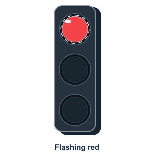 A traffic signal has a flashing red circular lamp above unlit yellow and green lamps.