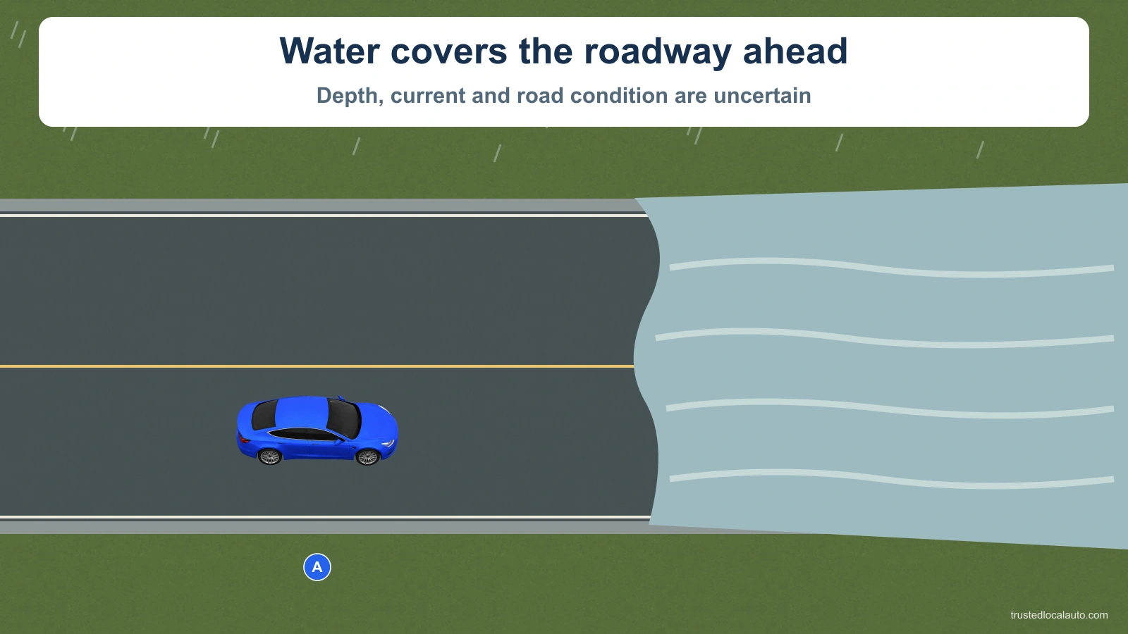 Car A approaches water covering the full roadway ahead. Its depth and current are uncertain. A remains before the water.