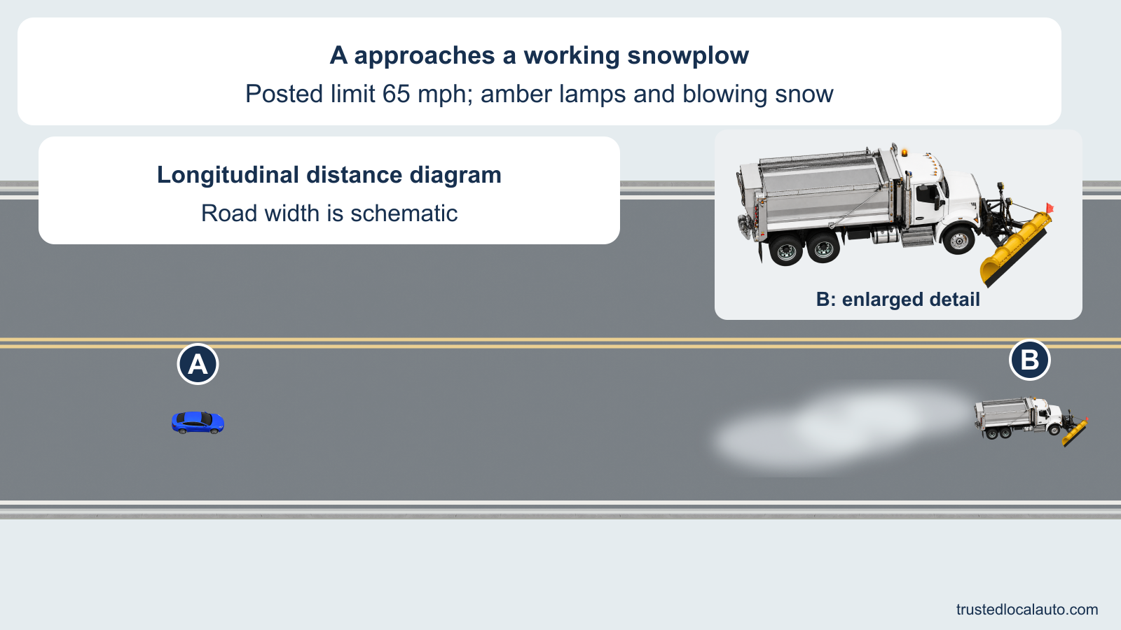 Blue A approaches white snowplow B on a two-lane highway posted at 65 mph. B throws up a cloud of snow and its amber warning beacon is lit, shown clearly in a larger view of the same snowplow. There is no gap bracket or selected following distance.