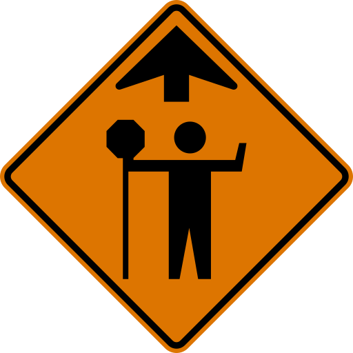 An orange diamond with a black border, a black upward arrow and a person holding an octagonal paddle.