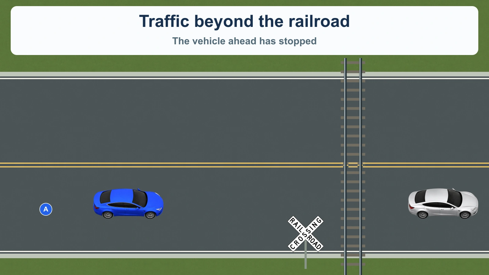 A blue car is on the approach side of a single-track railroad crossing. A silver vehicle beyond the far rail leaves less than a car length of clear exit space.