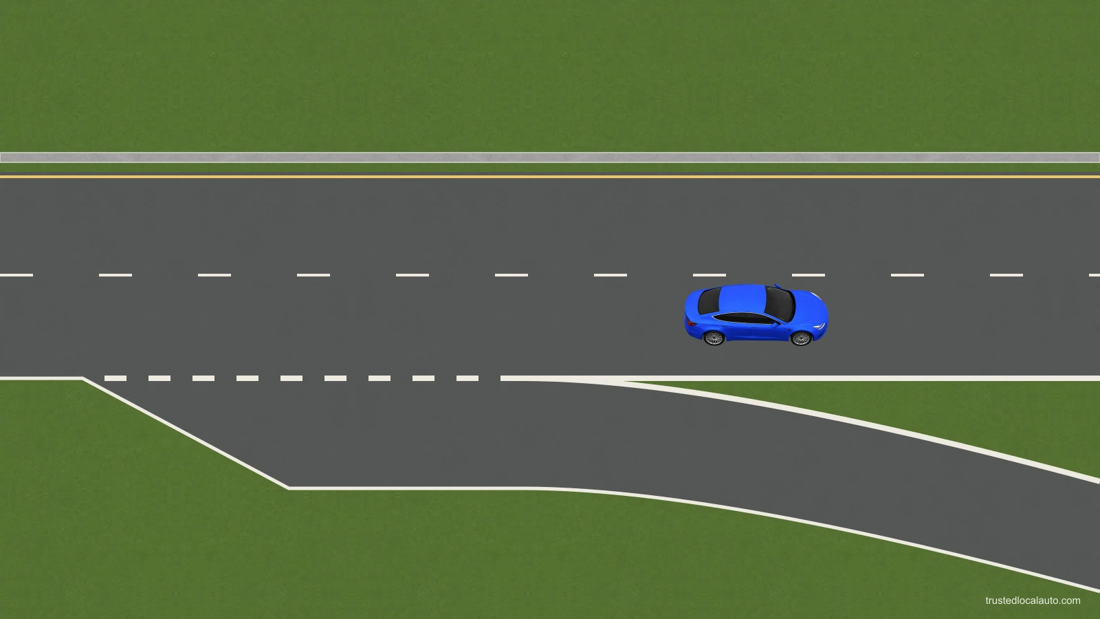 A blue car travels forward in a through lane after passing the entrance to a diverging exit ramp.