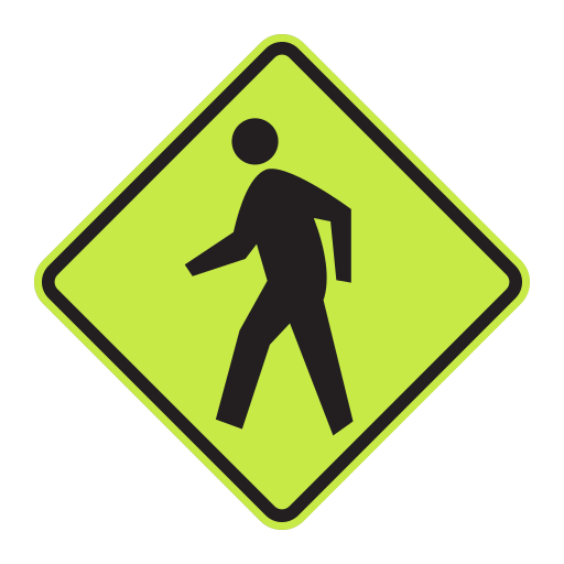 A black walking-person silhouette and black border appear on a fluorescent yellow-green diamond.