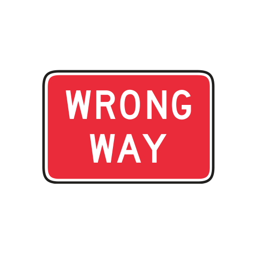 A red rectangular WRONG WAY sign with white lettering.