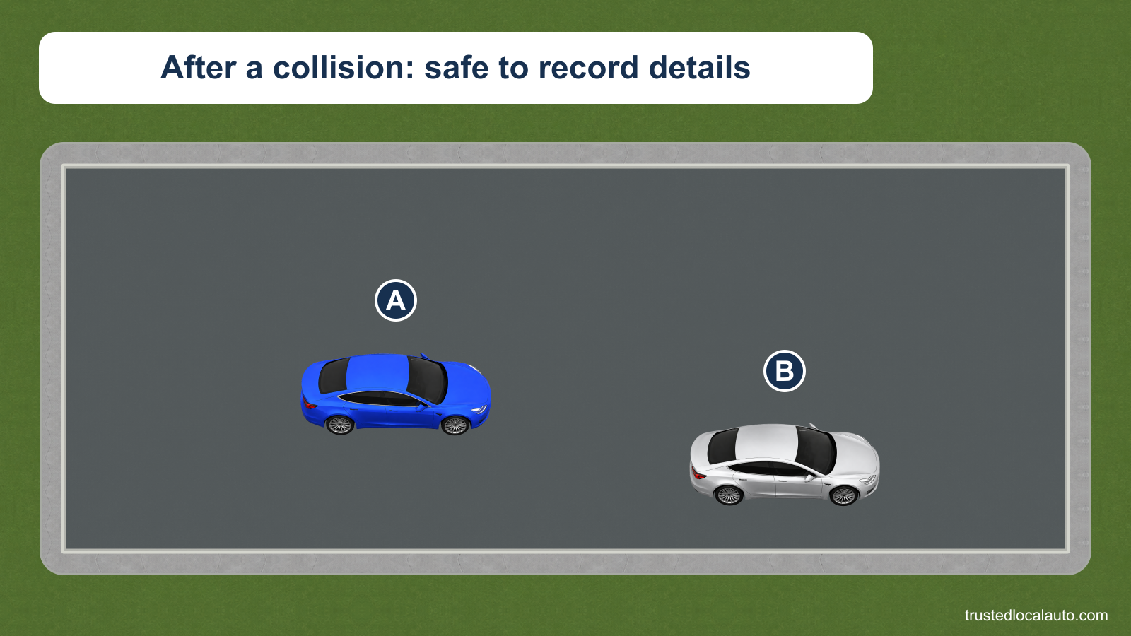 Blue car A and silver car B stand in a paved roadside area after a collision. No exchanged information is displayed.
