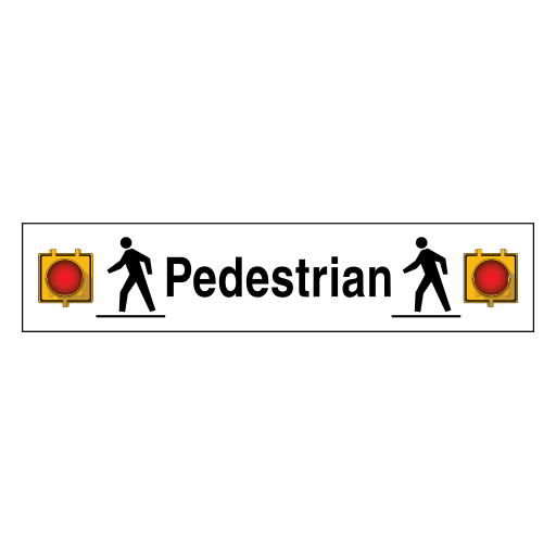 A long white rectangular board with the word Pedestrian in black, a walking figure on each side and a red circular lamp in a yellow housing at each end.