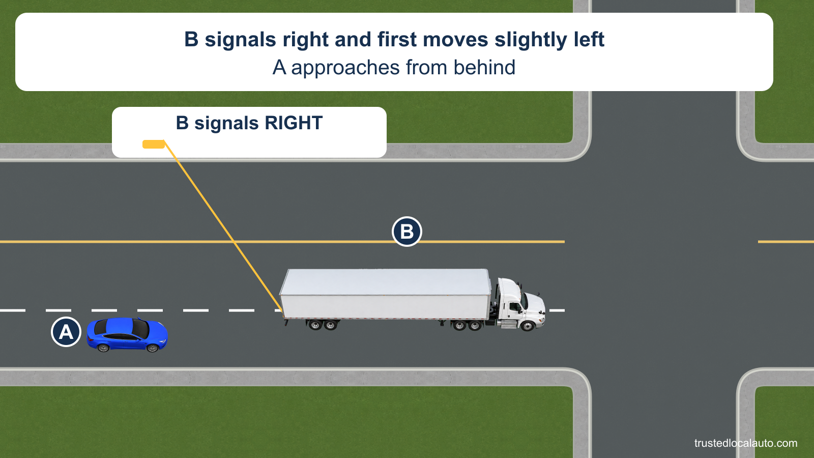 White truck B has shifted left across the dashed separator in the eastbound approach. A is behind it. An enlarged amber indicator and leader identify B’s right signal.