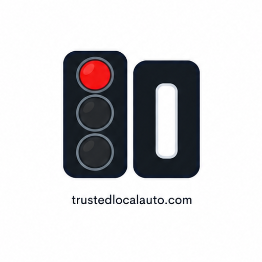 A three-lens traffic signal has its top red light lit. A separate black head beside it shows a vertical white bar.