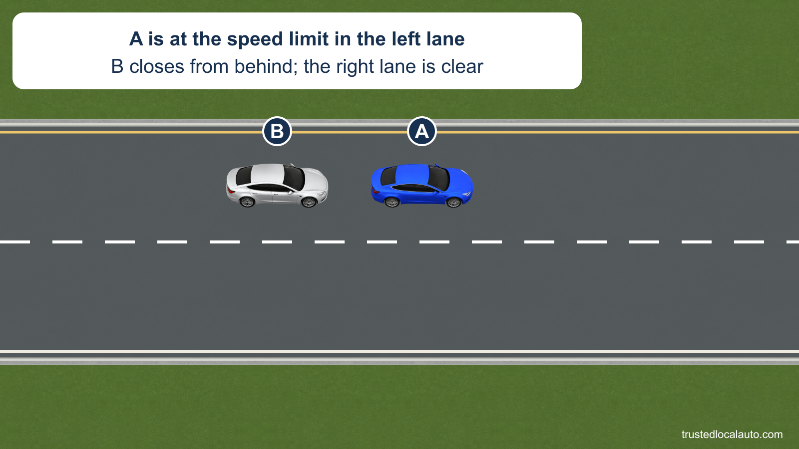 Blue car A and silver car B travel in the left of two same-direction lanes. B follows closely behind A, and the right lane is empty. The card states that A is at the speed limit.