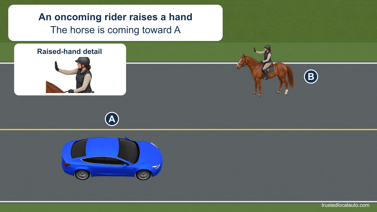 A approaches a horse and rider coming the other way on a rural two-lane road. The rider has one hand raised, also shown in a larger detail.