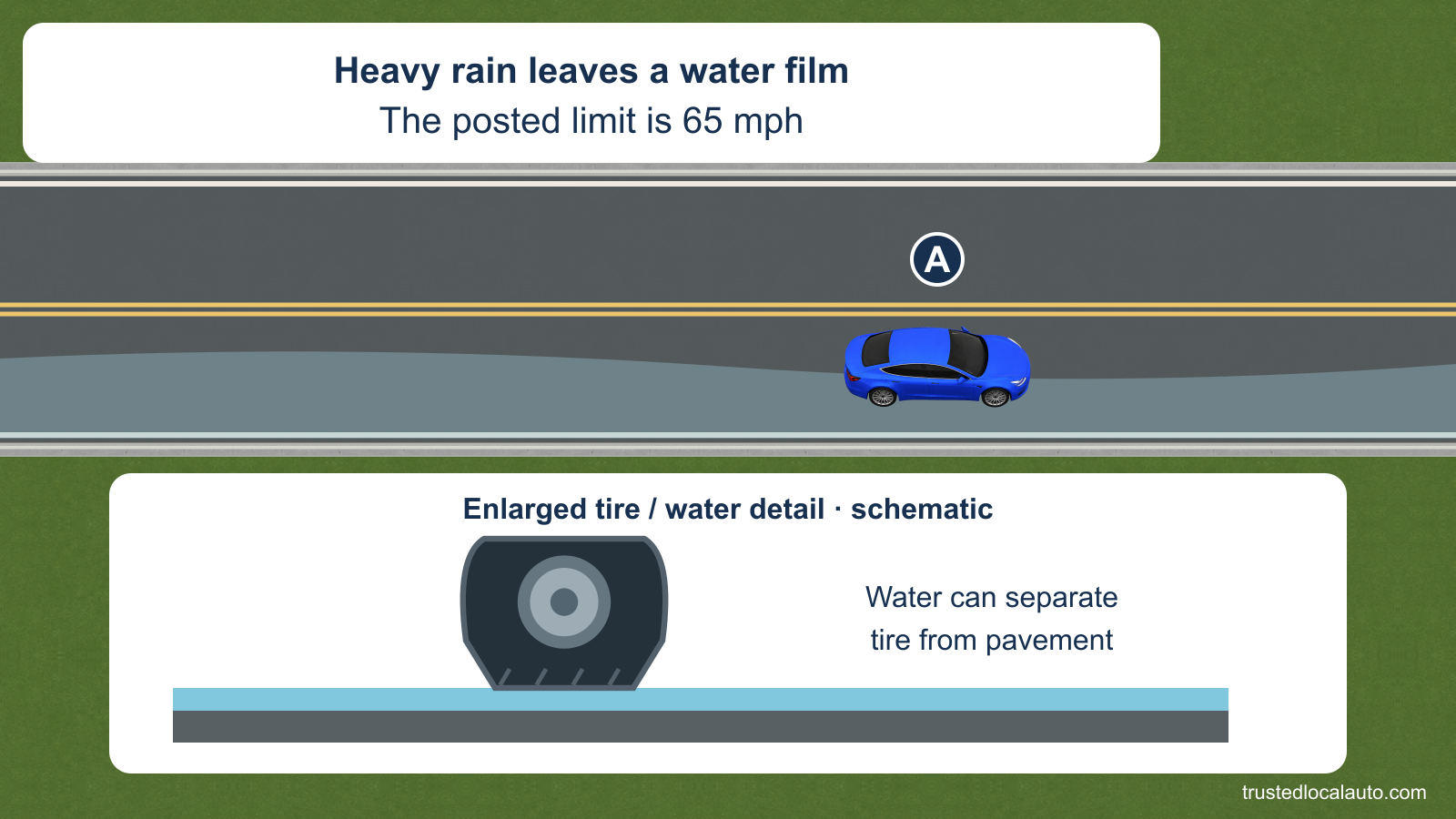 Blue A travels on a wet two-way highway after heavy rain, with 65 mph stated as the posted limit. A separate enlarged schematic shows a tire above a water film, explaining that water can separate the tire from the pavement.
