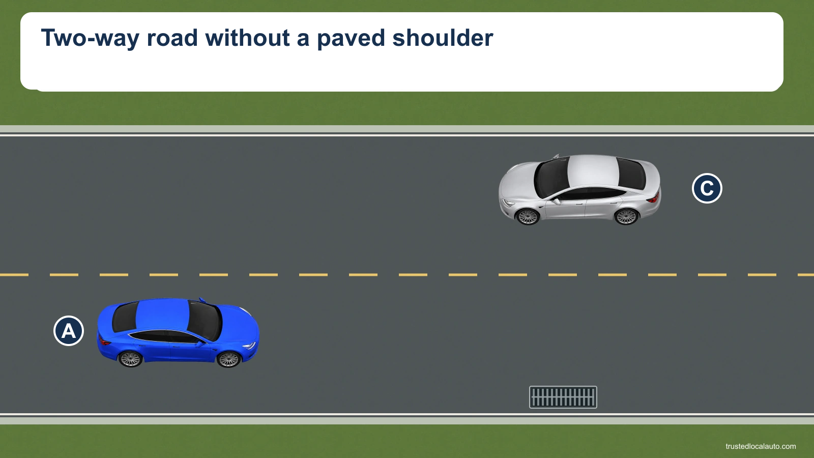Blue car A and oncoming silver car C are on a two-way road without a paved shoulder. A drain is beside the curb in front of A.