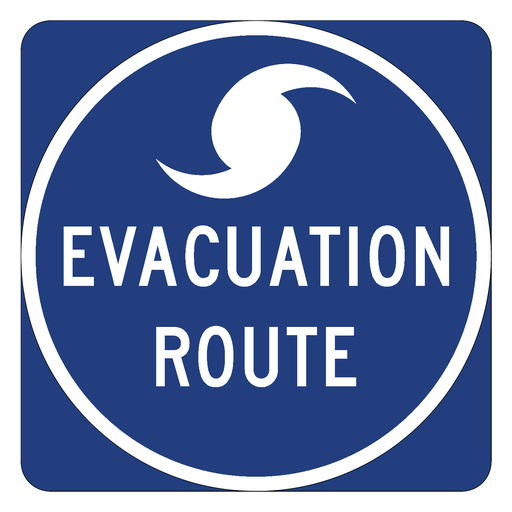 A blue square has a white circle, a white hurricane symbol at the top, and the words EVACUATION ROUTE in white.