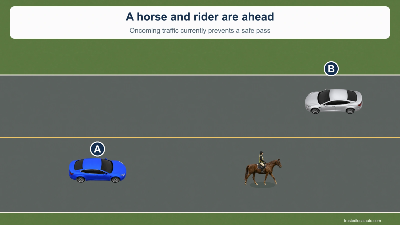 A is behind a horse and helmeted rider near the right side of the lane. An oncoming silver car occupies the opposing lane.